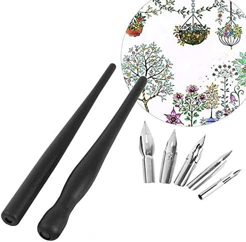 Een set van twee Verleidelijke komische pennen met zwarte handvatten en zes metalen penpunten tegen een achtergrond met een decoratief bloemmotief.