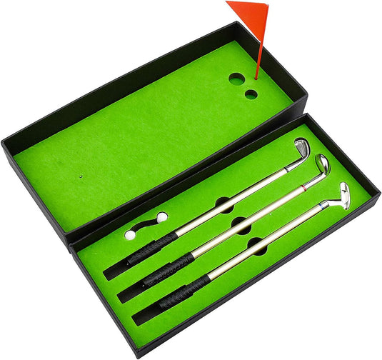 3 stuks golfpennenset: Combineer uw passie voor golf met uw dagelijkse schrijfbehoeften! weergegeven in een zwarte doos met een groene viltvoering, perfect als cadeau voor golfliefhebbers.
