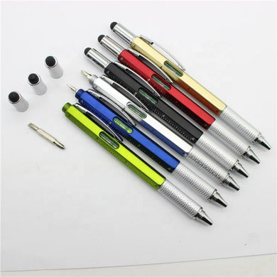 Een verzameling Altijd handig bij de hand: 6-in-1 multifunctionele pennen zonder doppen, weergegeven op een wit oppervlak.