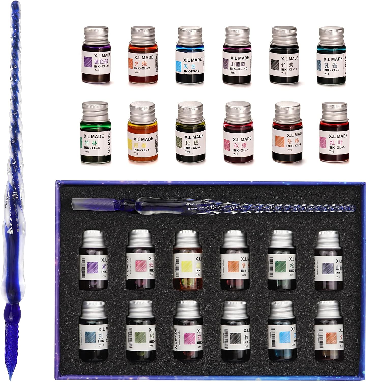 Een set kleurrijke tattoo-inktflessen opgesteld naast een tattoo-machine en naald, inclusief een unieke Creëer prachtige kunstwerken met deze elegante glazen pen.