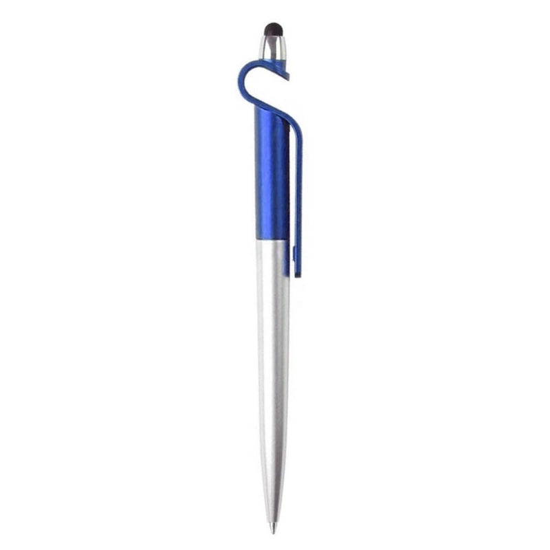 Laad afbeelding in Galerijviewer, De ultieme tool voor multitaskers: de multifunctionele 3-in-1 pen in blauw en zilver met clip en stylustop.
