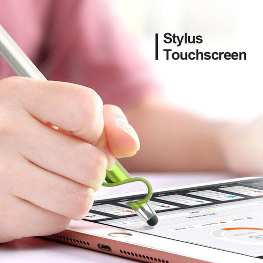 Persoon die de ultieme tool voor multitaskers gebruikt: de multifunctionele 3-in-1 pen op een touchscreen device.