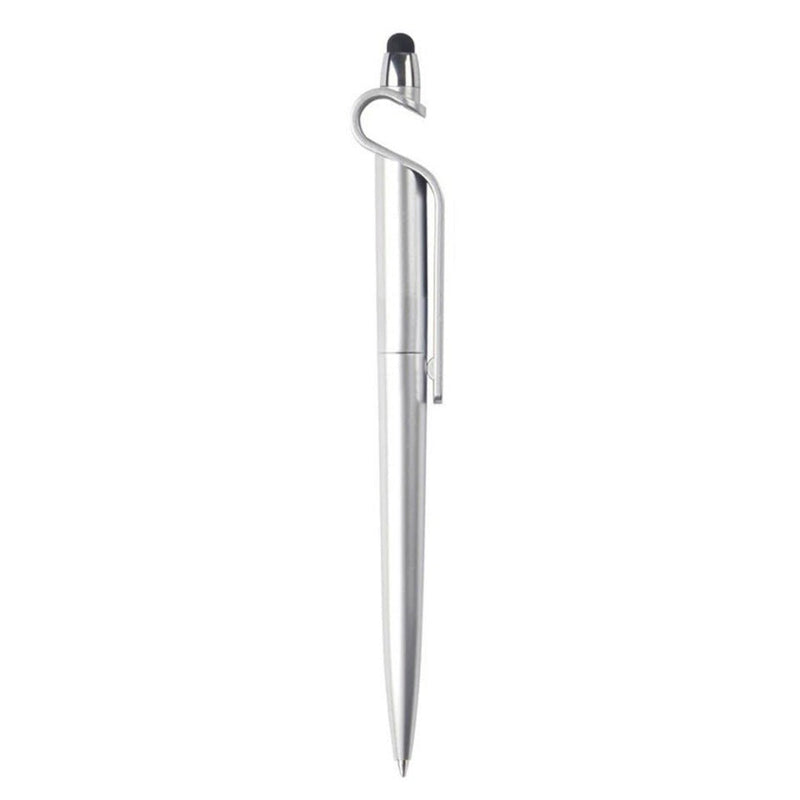Laad afbeelding in Galerijviewer, De ultieme tool voor multitaskers: de zilverkleurige multifunctionele 3-in-1 pen met een clip, intrekbare punt en stylus.
