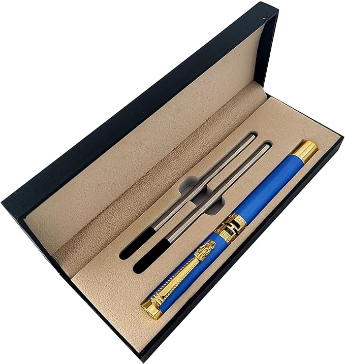 Laad afbeelding in Galerijviewer, Een pennenset met een blauwe en gouden vulpen en twee extra metalen penpunten in een presentatiedoos, inclusief Een klassieke metalen rollerballpen voor een luxe schrijfervaring.

