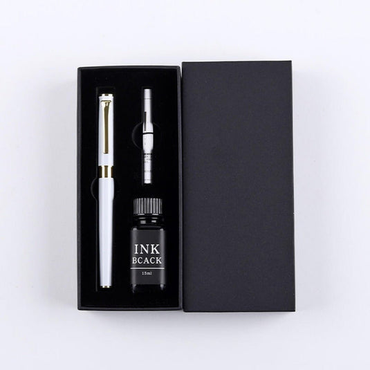 Een zakelijk cadeau: een stijlvolle en functionele vulpen set om indruk te maken met een converter en een fles zwarte inkt, aanwezig in een geschenkdoos.
