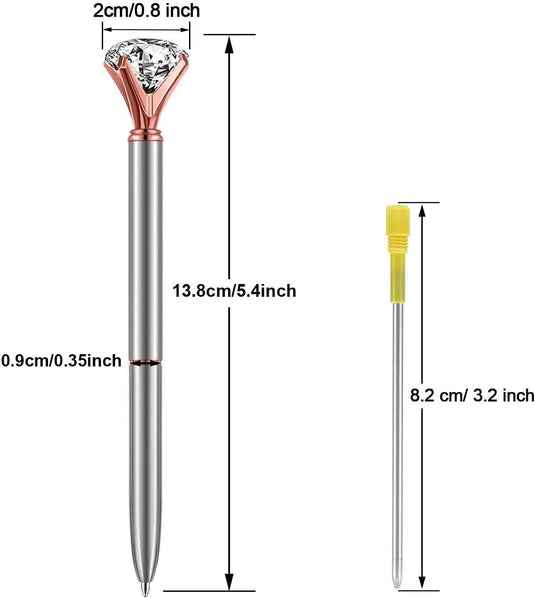 Een diagram met de vergelijkende maten van een elegante en duurzame pen en een standaard vulling, met afmetingen aangegeven in inches en centimeters.