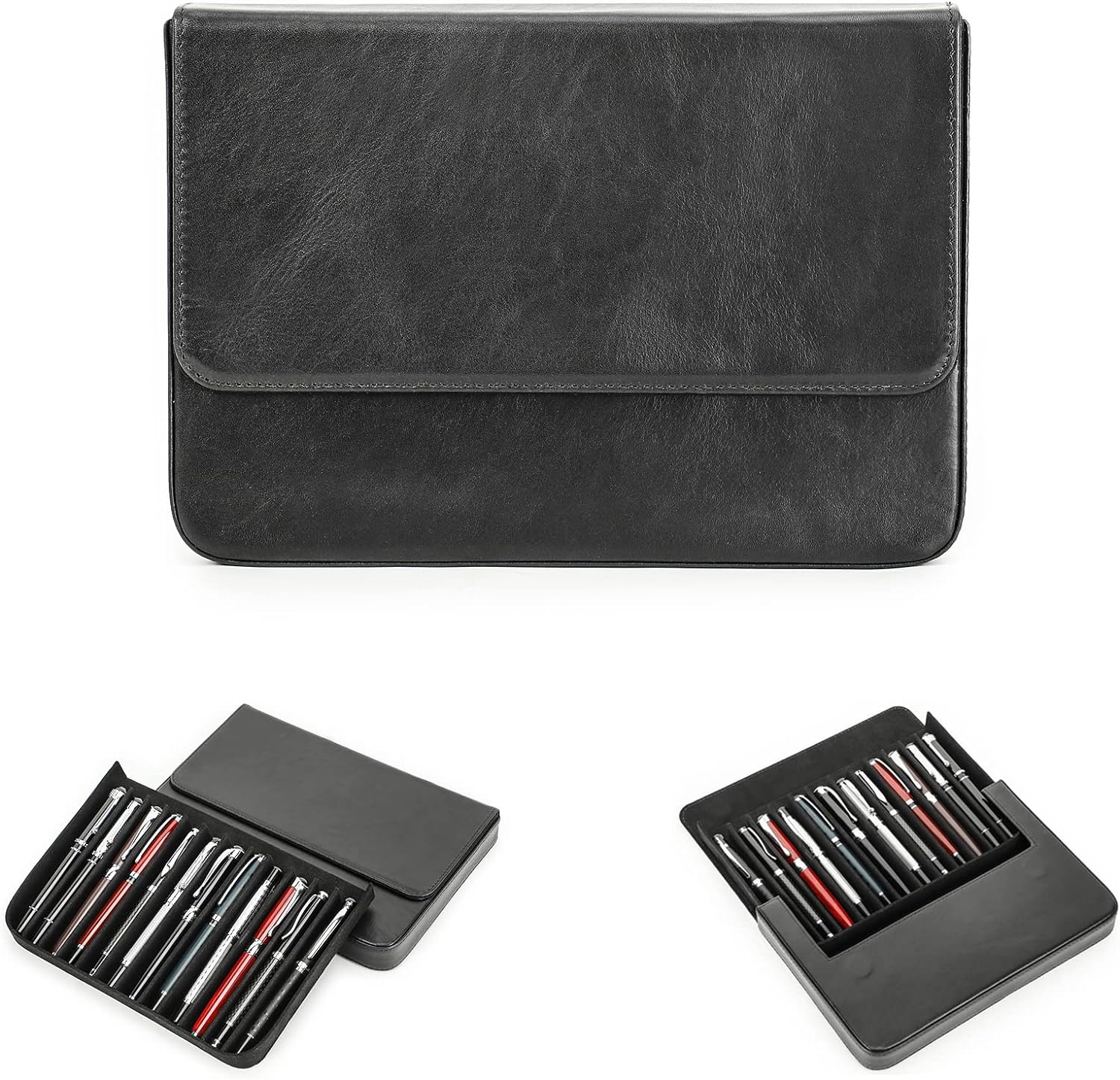 Elegant en duurzaam: de perfecte pennenhouder voor elke gelegenheid portfolio-etui met een klepdeksel, gesloten, open weergegeven en met vulpennen erin opgeborgen.