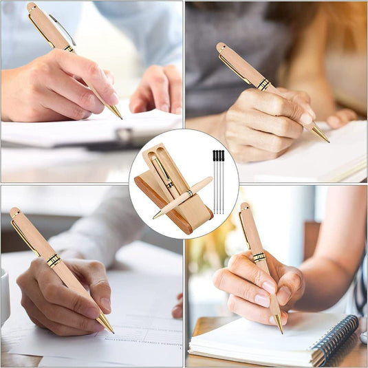 Een collage van afbeeldingen waarop verschillende mensen te zien zijn die schrijven met een dunne, metalen pen, en die een Geef het perfecte cadeau voor elke gelegenheid - Het complete schrijfpakket biedt.
