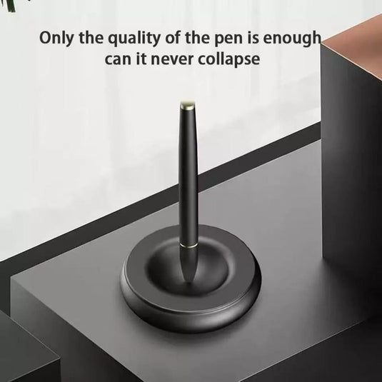 Een pen die verticaal op de punt staat in een Houd uw bureau netjes met de magnetische pen standaard met een onderschrift dat de kwaliteit ervan benadrukt.