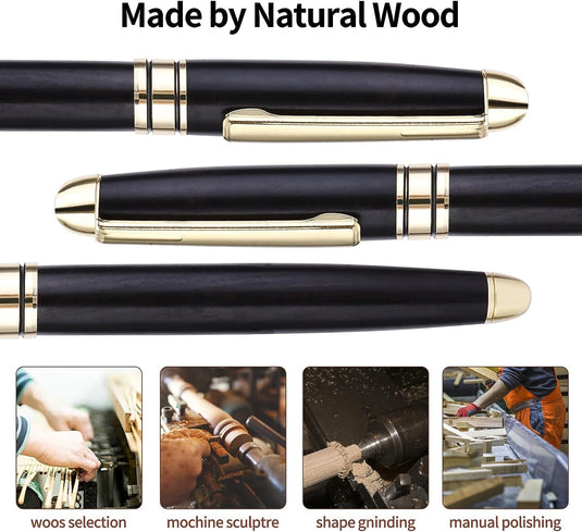 Een luxe handgemaakte "Houten vulpen: Ervaar de warmte van ambachtelijk schrijven" wordt getoond naast afbeeldingen van het uitstekende maakproces, inclusief houtselectie.