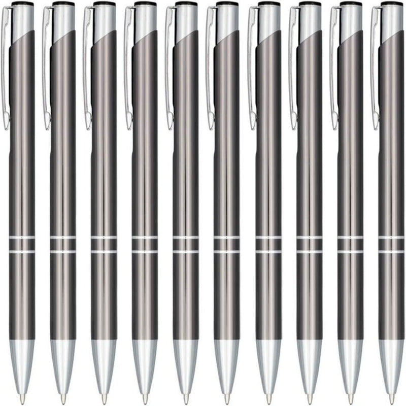 Laad afbeelding in Galerijviewer, Een collectie van identieke hoogwaardige aluminium Klikbalpennen set van 10, parallel opgesteld.
