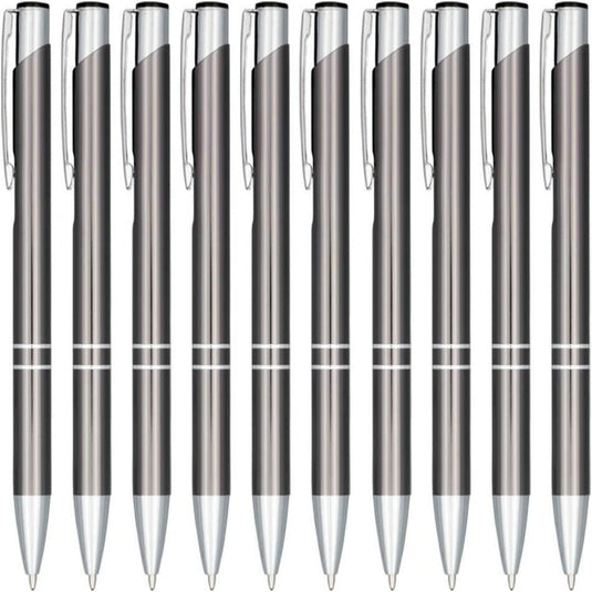 Een collectie van identieke hoogwaardige aluminium Klikbalpennen set van 10, parallel opgesteld.