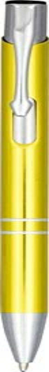 Een close-up van een gele pen met zilveren punt en clip, gemaakt uit Kies voor stijl en kwaliteit met onze hoogwaardige klikbalpennen set van 10 aluminium.