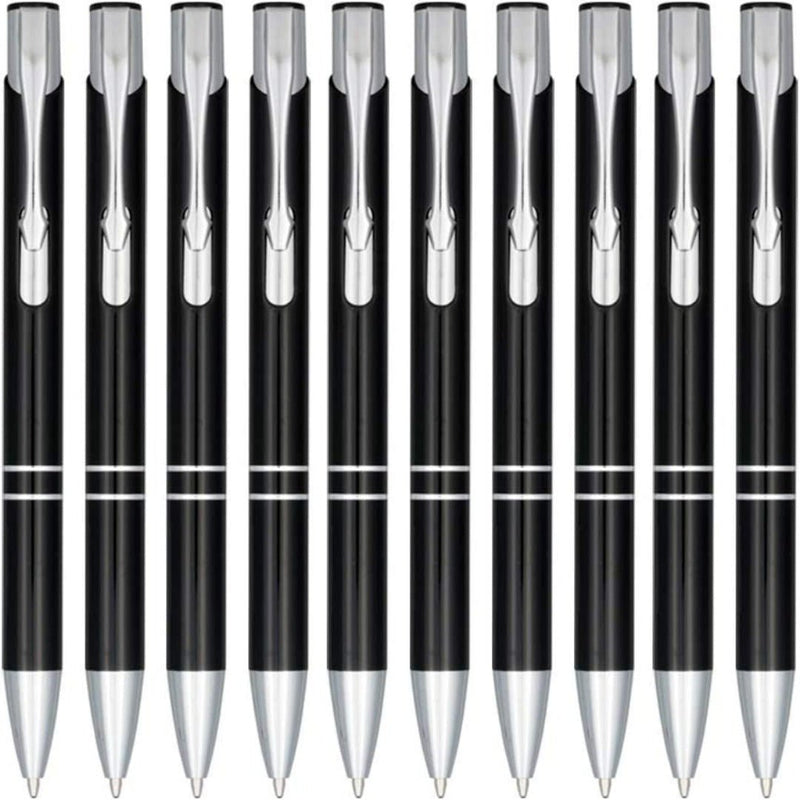 Laad afbeelding in Galerijviewer, Een collectie van identieke zwarte en zilveren Klikbalpennen set van 10, gemaakt van hoogwaardig aluminium, opgesteld in parallelle rijen.
