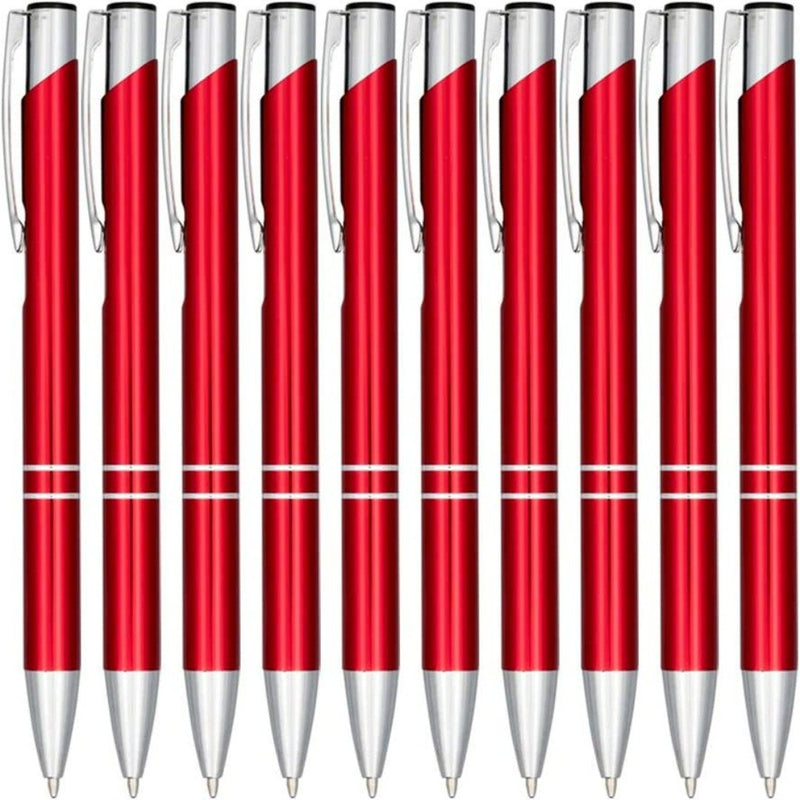 Laad afbeelding in Galerijviewer, Een collectie van rode en zilveren klikbalpennen, robuust uit hoogwaardig aluminium, geplaatst zij aan zij in een uniform patroon. Kies voor stijl en kwaliteit met onze hoogwaardige klikbalpennen set van 10.
