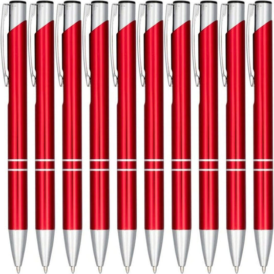 Een collectie van rode en zilveren klikbalpennen, robuust uit hoogwaardig aluminium, geplaatst zij aan zij in een uniform patroon. Kies voor stijl en kwaliteit met onze hoogwaardige klikbalpennen set van 10.