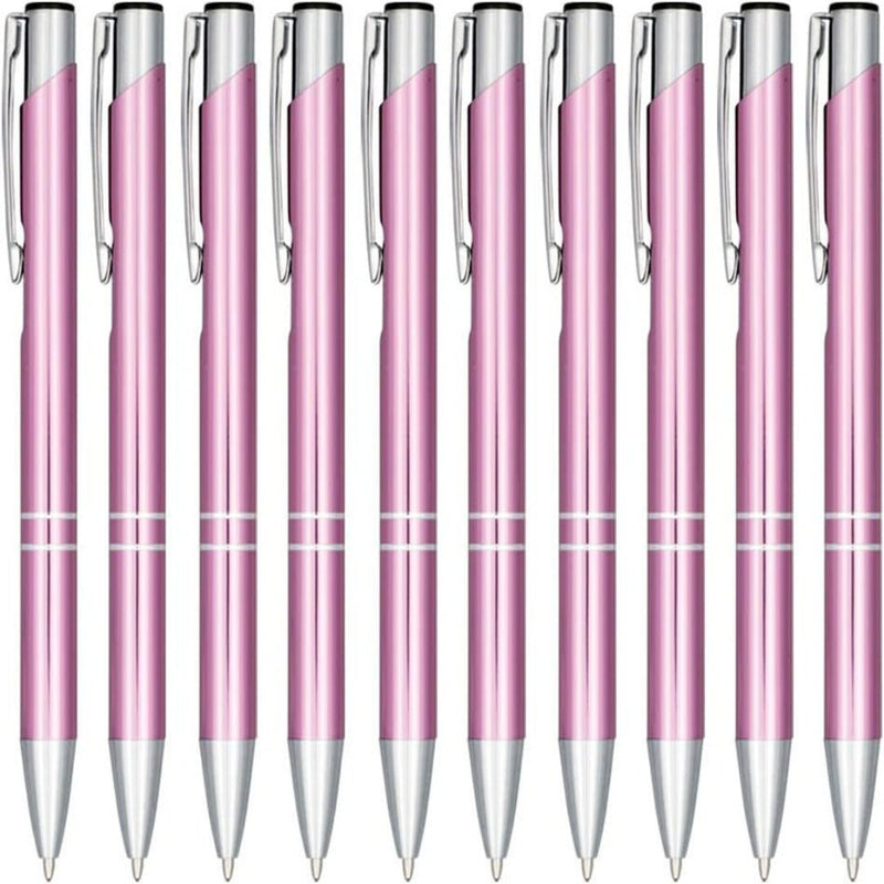 Laad afbeelding in Galerijviewer, Een rij identieke roze klikbalpennen met zilveren accenten van hoogwaardig aluminium.

Productnaam: Kies voor stijl en kwaliteit met onze hoogwaardige klikbalpennen set van 10.
