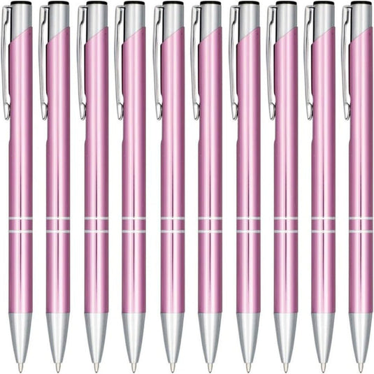Een rij identieke roze klikbalpennen met zilveren accenten van hoogwaardig aluminium.

Productnaam: Kies voor stijl en kwaliteit met onze hoogwaardige klikbalpennen set van 10.