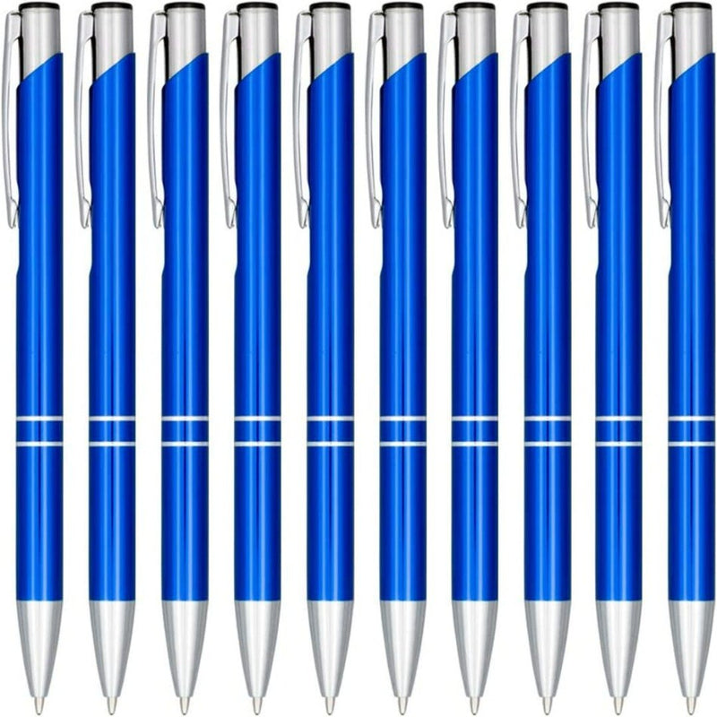 Laad afbeelding in Galerijviewer, Een serie identieke blauwe en zilveren hoogwaardige klikbalpennen sets, vervaardigd uit hoogwaardig aluminium, geplaatst in parallelle formatie.
