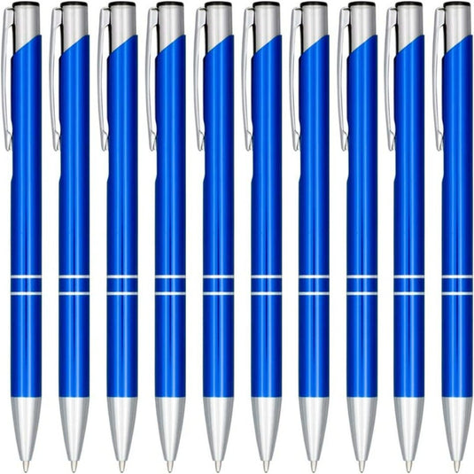 Een serie identieke blauwe en zilveren hoogwaardige klikbalpennen sets, vervaardigd uit hoogwaardig aluminium, geplaatst in parallelle formatie.