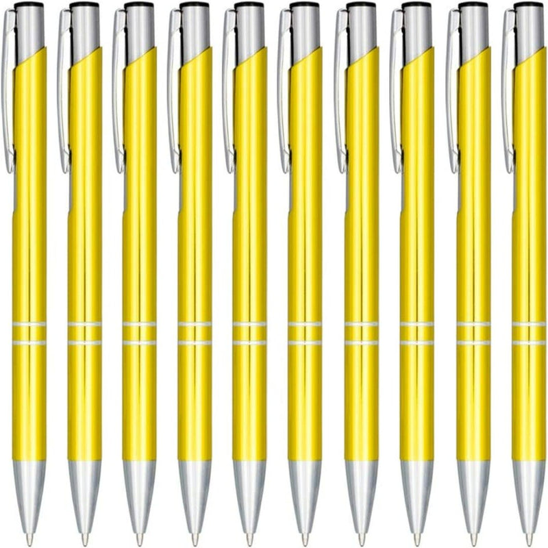 Laad afbeelding in Galerijviewer, Een rij identieke duurzame en milieuvriendelijke gele en zilveren klikbalpennen set van 10, netjes naast elkaar geplaatst.
