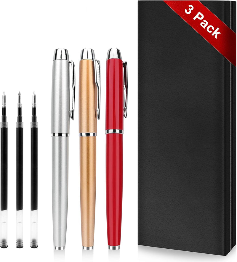 Laad afbeelding in Galerijviewer, Een set van drie rollerballpennen in de kleuren zwart, zilver en rood, met verwisselbare punten en een zwarte doosverpakking, voor een soepele schrijfervaring.
