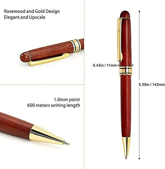 Elegante luxe pen van palissanderhout en goud, een perfect cadeau met afmetingen en schrijflengte.
