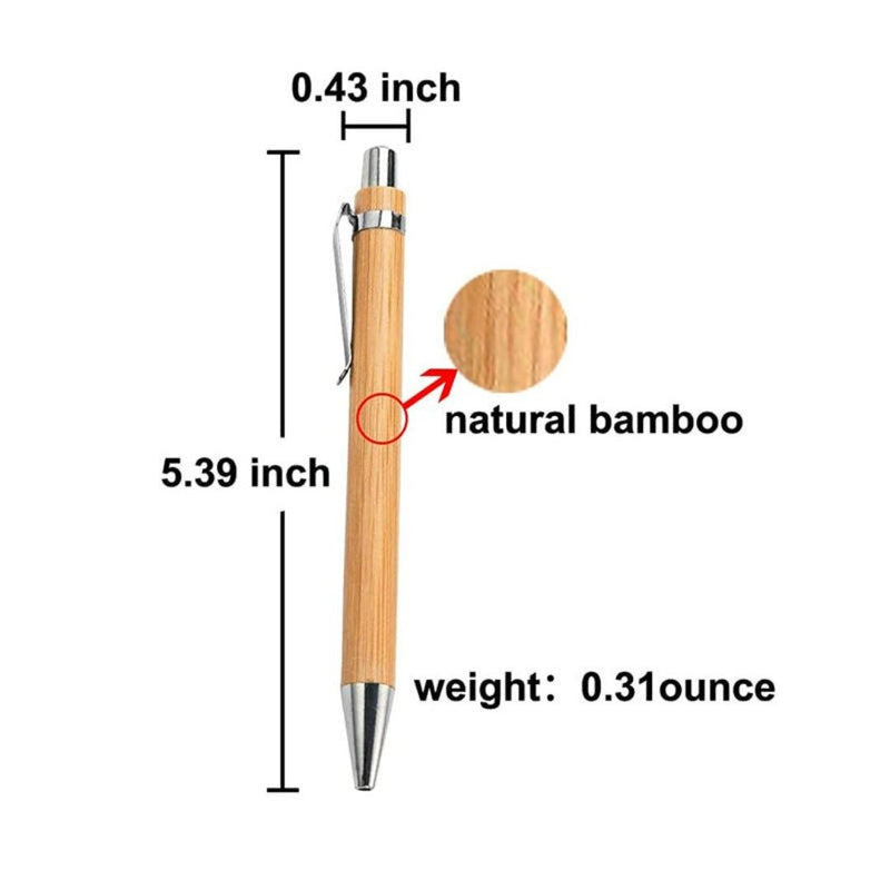 Laad afbeelding in Galerijviewer, Een duurzame __bamboe balpen__ met afmetingen en gewichtsnotaties: lengte 5.39 inch, diameter 0.43 inch, gewicht
