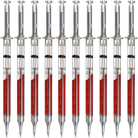 Een serie Maak indruk op jouw Halloweenfeest met deze leuke spuitvormige balpennenset met rode vloeistof, gerangschikt in een parallel patroon.