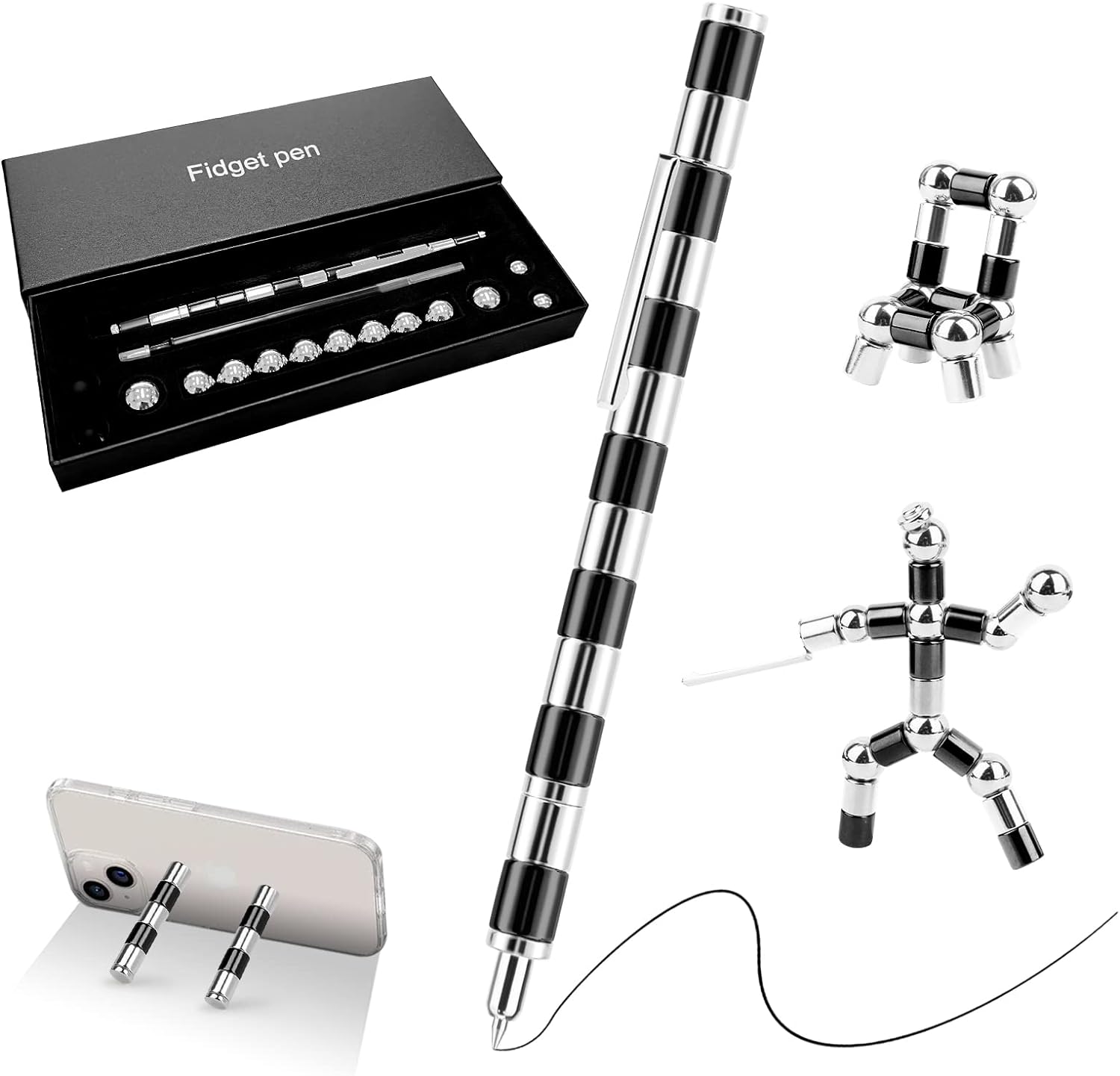 Magnetische balpen: de meest creatieve en stressverminderende pen ooit! met modulaire stukken en kogellagers voor creativiteit en stressvermindering, versterkt van twee kleine humanoïde figuren gemaakt uit