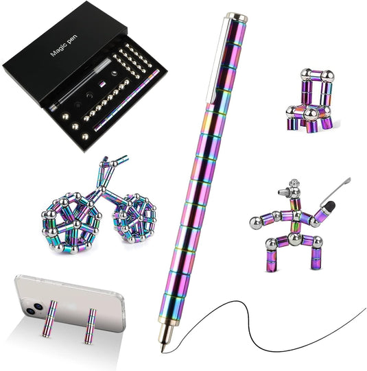 Kleurrijke magnetische kralen en accessoires waarmee je verschillende vormen kunt creëren, met een Magnetische balpen: de meest creatieve en stressverminderende pen ooit! voor manipulatie en stressvermindering.