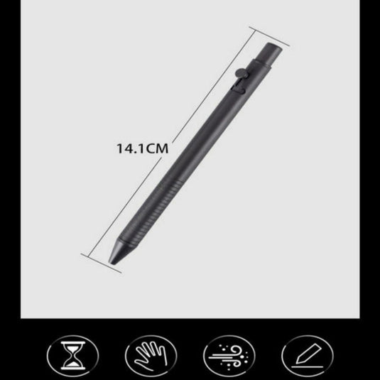 Zwarte Schrijfster met de onverwoestbare titanium pen met een lengte van 14,1 cm weergegeven tegen een witte achtergrond.