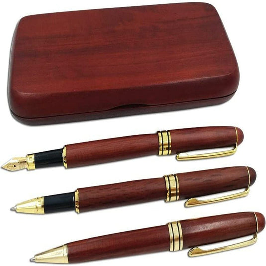 Ontdek de kunst van het schrijven met onze prachtige schrijfset van palissanderhout, inclusief een vulpen, balpen en mechanisch potlood.