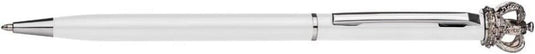 Een zilver-witte Ontdek de pracht en functionaliteit van onze metallic Swarovski-pen met een sierlijk ontwerp bij de clip.