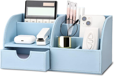 Blauwe Luxe PU Leren Bureau Organizer: een stijlvolle en functionele manier om uw bureau te organiseren met kantoorbenodigdheden opbergen, inclusief een rekenmachine, pennenhouder, nietmachine, oordopjes