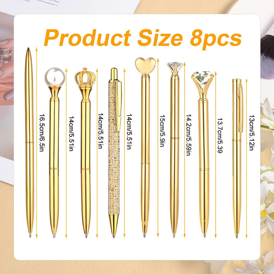 Set van 8 praktische gouden schattige pennen voor dames met diverse elegante ontwerpen en afmetingen, getoond op een witte achtergrond.