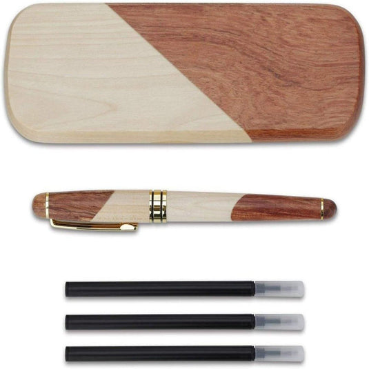 Schrijf in stijl: De handgemaakte houten gelinkte pen cadeauset voor een schrijfervaring, opgenomen van een originele geschenkdoos en drie zwarte inktcartridges.