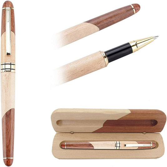 Handgemaakte houten gelinkte pen cadeauset met originele geschenkdoos, zowel open als gesloten.