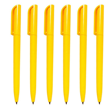 Vijf gele balpennen met draaimechanisme zijn verticaal uitgelijnd op een witte achtergrond. ->
Vijf gele Schrijf in stijl en comfort met deze set van 6 plastic balpennen zijn verticaal uitgelijnd op een witte achtergrond.