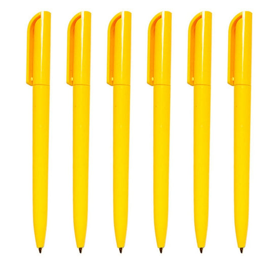 Vijf gele balpennen met draaimechanisme zijn verticaal uitgelijnd op een witte achtergrond. ->
Vijf gele Schrijf in stijl en comfort met deze set van 6 plastic balpennen zijn verticaal uitgelijnd op een witte achtergrond.