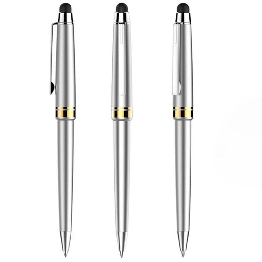 Drie zilveren Schrijf in stijl met onze duurzame metalen balpennen met zwarte en gouden accenten en een comfortabele grip weergegeven in een verticale uitlijning.