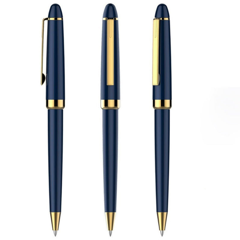 Laad afbeelding in Galerijviewer, Productnaam: Vier donkerblauwe Schrijf in stijl met onze duurzame metalen balpennen met gouden accenten, geplaatste zij aan zij.
