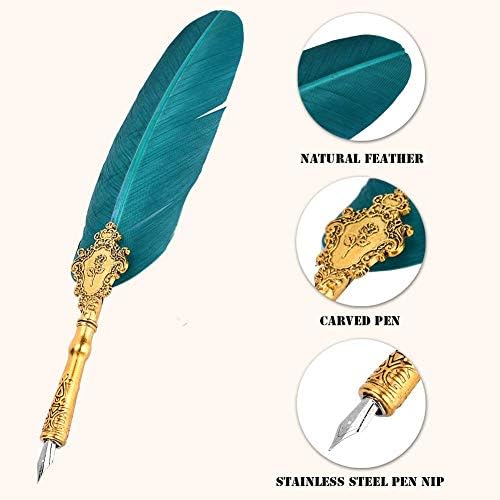 Laad afbeelding in Galerijviewer, Schrijven met veer: Ervaar de magie van kalligrafie met onze unieke vulpen turquoise veer.
