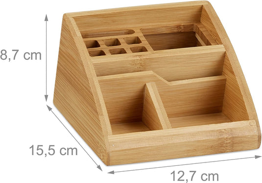 Transformeer uw werkplek met onze houten bureau organizer met aangegeven afmetingen: lengte 12,7 cm, breedte 15,5 cm, hoogte 8,7 cm.