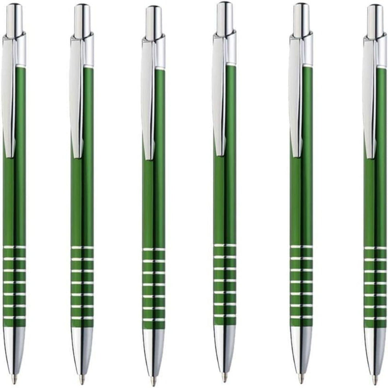 Laad afbeelding in Galerijviewer, Een rij van vijf groene Upgrade je schrijfervaring met deze slanke en moderne balpennen met zilveren accenten en comfortabele handgrepen.
