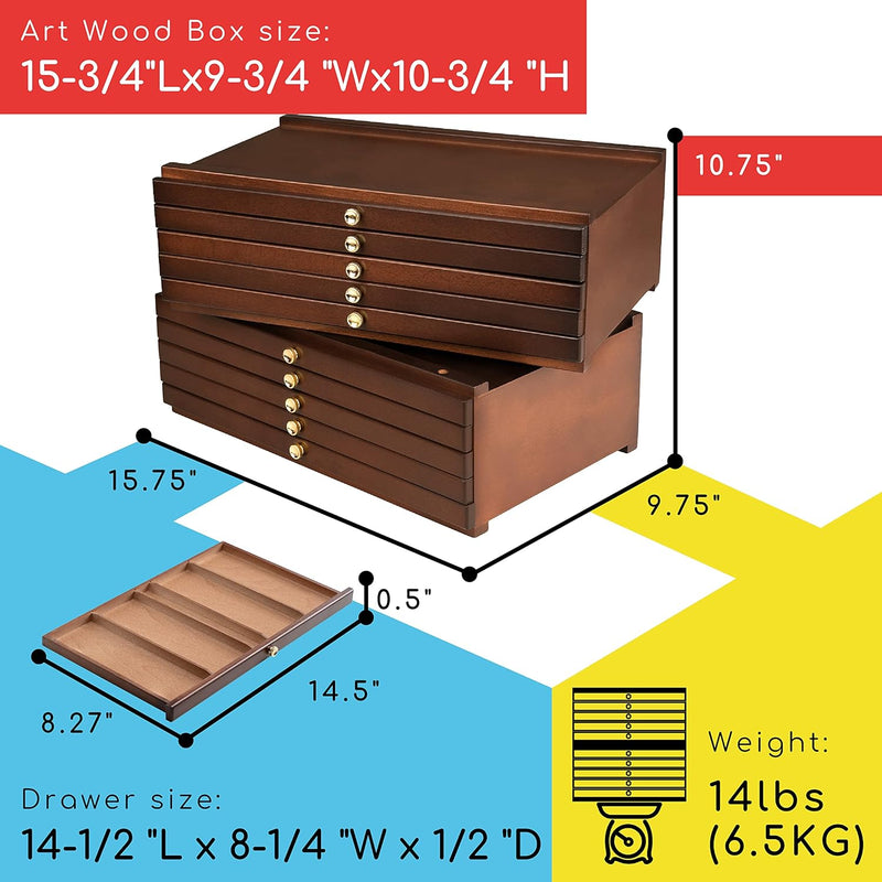 Laad afbeelding in Galerijviewer, Uw creativiteit organiseren met deze elegante en functionele Sakura kunstenaarsbenodigdheden opbergdoos met meerdere lades en messing trekgrepen, met afmetingen en gewicht details.
