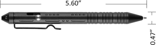 Verleidelijke bolt action pen met afmetingen: lengte 5,60 inch en diameter 0,47 inch.