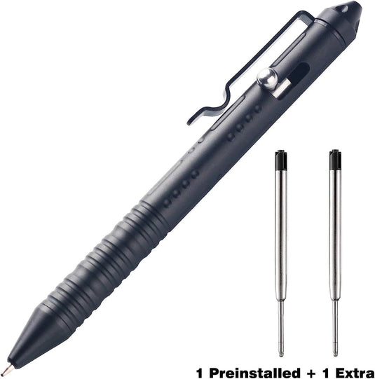 Een Verleidelijke Bolt Action-pen met geïntegreerde clip, één voorgeïnstalleerde inktvulling en één extra vulling.