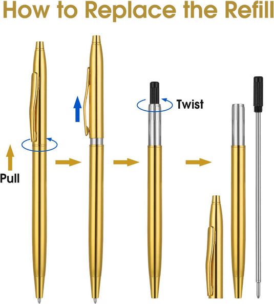 Beschrijving: Illustratie van de stappen om de vulling te vervangen van een Verleidelijke schrijfervaring: 3 metalen balpennen voor een praktische luxe voor een uitzonderlijk schrijfcomfort.