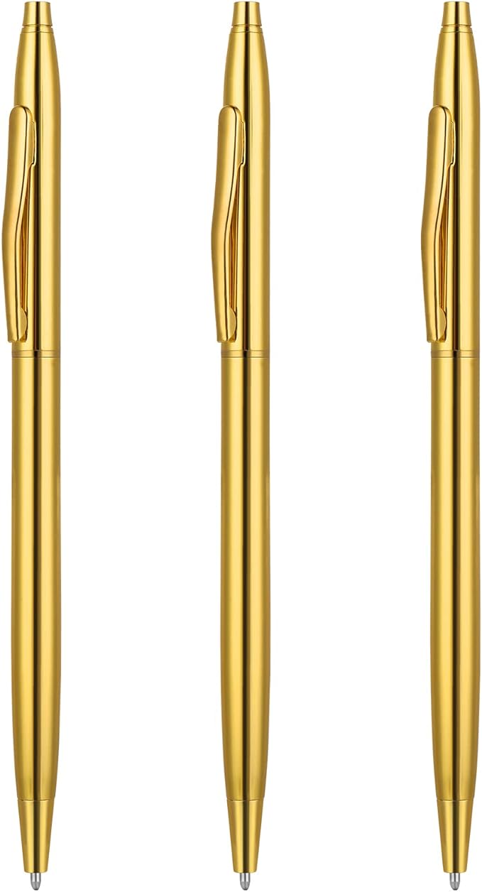 Laad afbeelding in Galerijviewer, Verleidelijke schrijfervaring: 3 metalen gouden balpennen voor een praktische luxe uitgezet in een verticale lijn.
